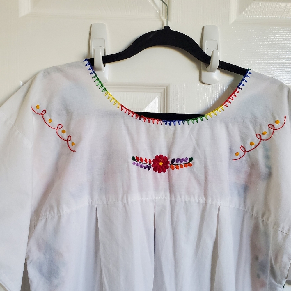 Vintage Mexican Colorful Rainbow Flower Embroider White Cotton Maxi House Dress - Picture 5 of 16